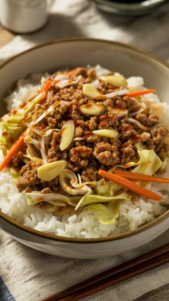 a bowl of rice and ground beef with sliced veggies