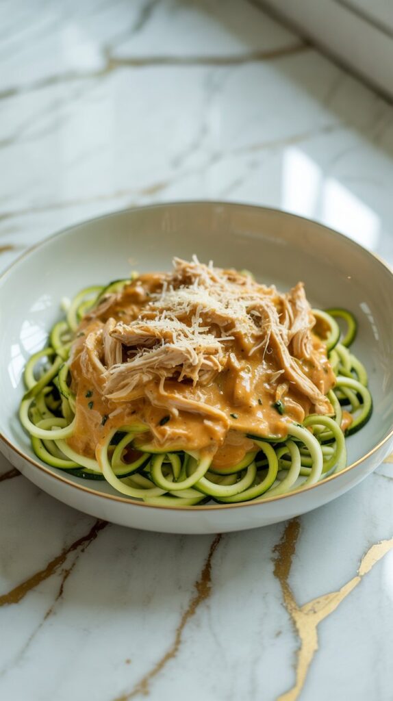 A bowl of creamy chicken Alfredo served over fresh spiralized zucchini noodles. Shredded chicken coated in a glossy white Parmesan sauce, topped with a sprinkle of cheese.