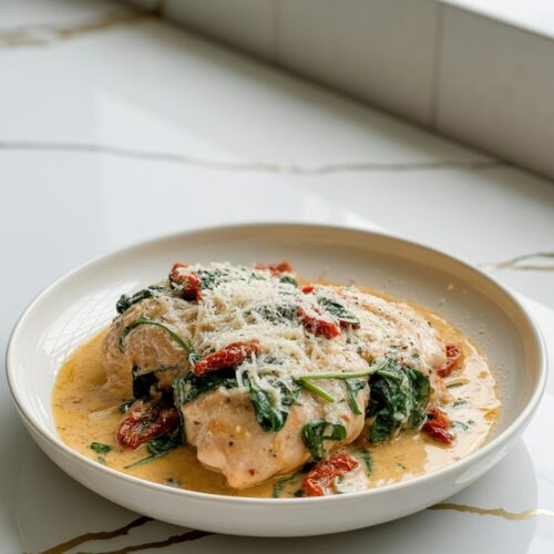 A creamy Tuscan garlic chicken dish in a white shallow bowl. The chicken thighs are covered in a rich, golden sauce with sun-dried tomatoes and wilted spinach, garnished with Parmesan cheese.