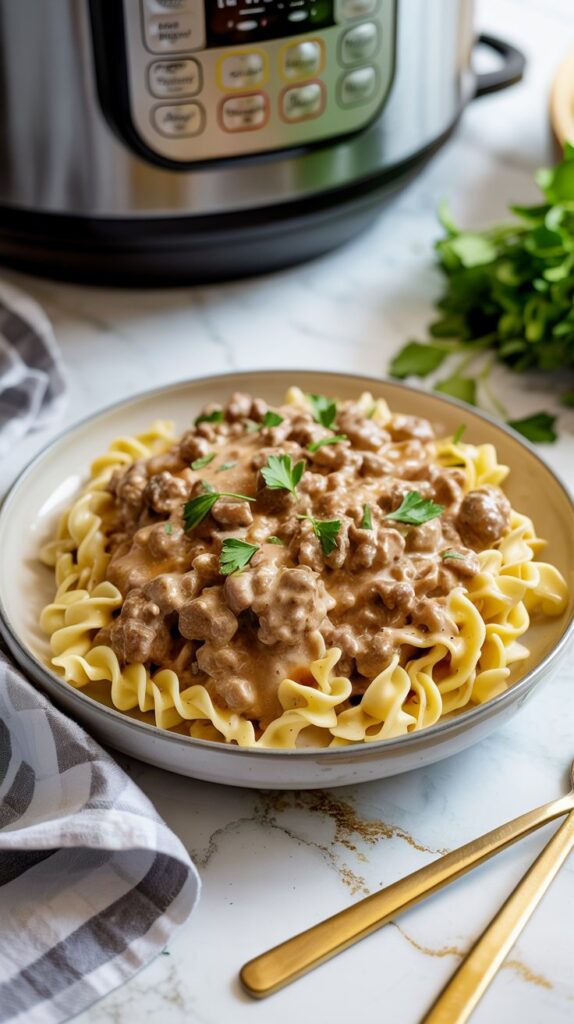 Creamy ground beef stroganoff with noodles, garnished with parsley. Instant Pot in background.