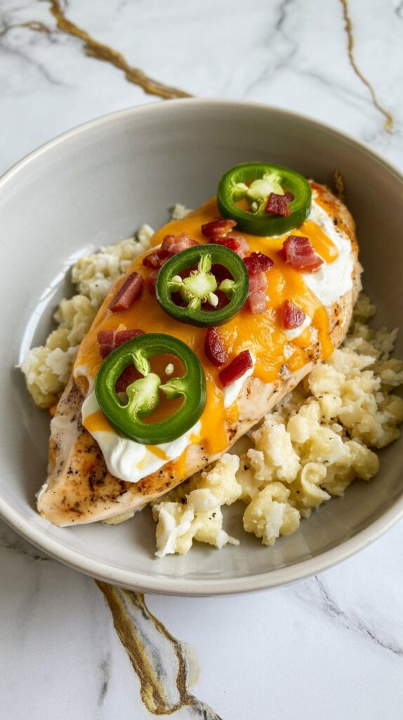 A baked chicken breast topped with melted cheddar, cream cheese, jalapeños, and crumbled bacon, served over steamed cauliflower rice in a white bowl on a white countertop with grey and gold veining.