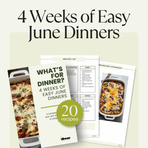 3 pages showing the June Dinner Plan cover page, grocery list, and recipe example