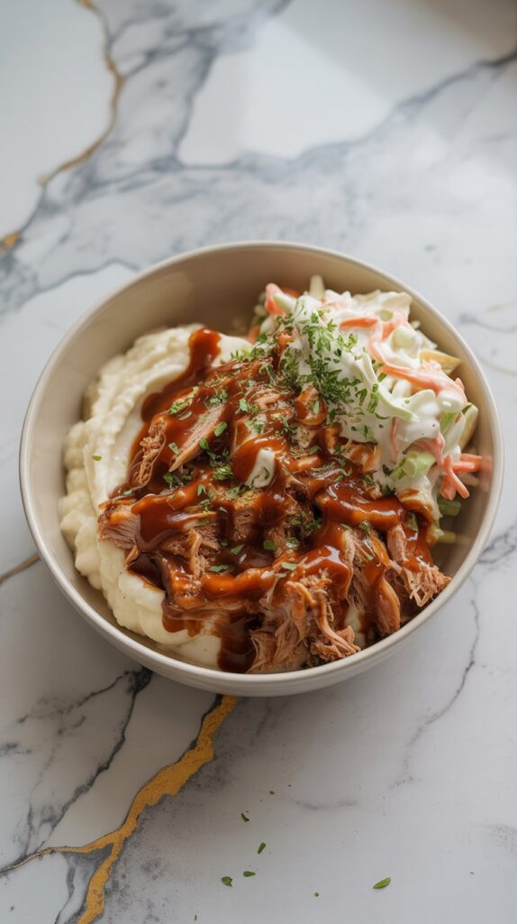 A BBQ pulled pork bowl with mashed cauliflower, pulled pork coated in BBQ sauce, and creamy coleslaw, served in a white bowl on a white countertop with grey and gold veining.