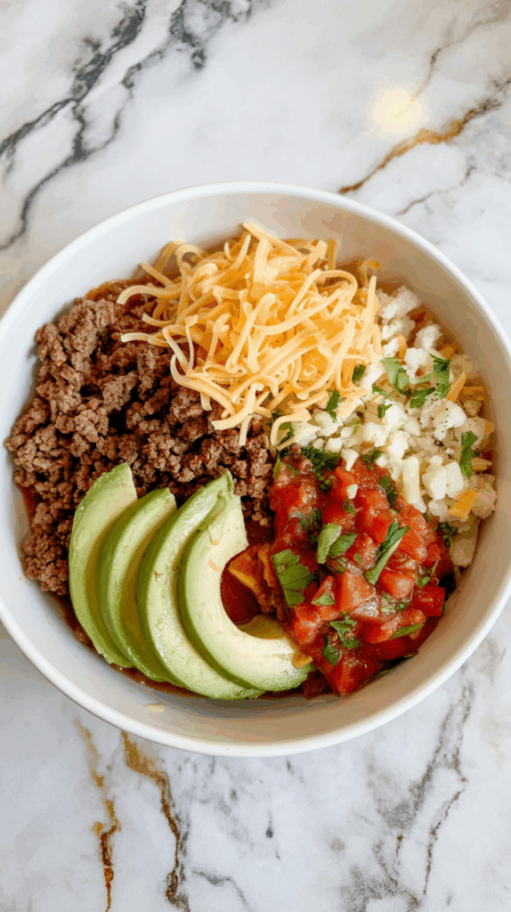 A colorful burrito-style bowl with seasoned ground beef, avocado slices, cauliflower rice, salsa, and shredded cheese, served in a white bowl on a white countertop with grey and gold veining.