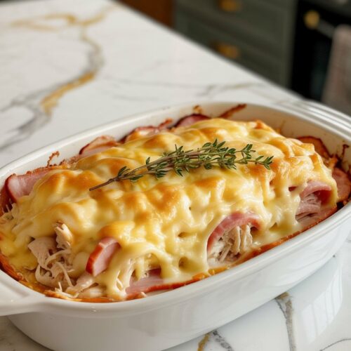 Cross section of chicken casserole showing several layers of thick ham, chicken and cheese melted on top.