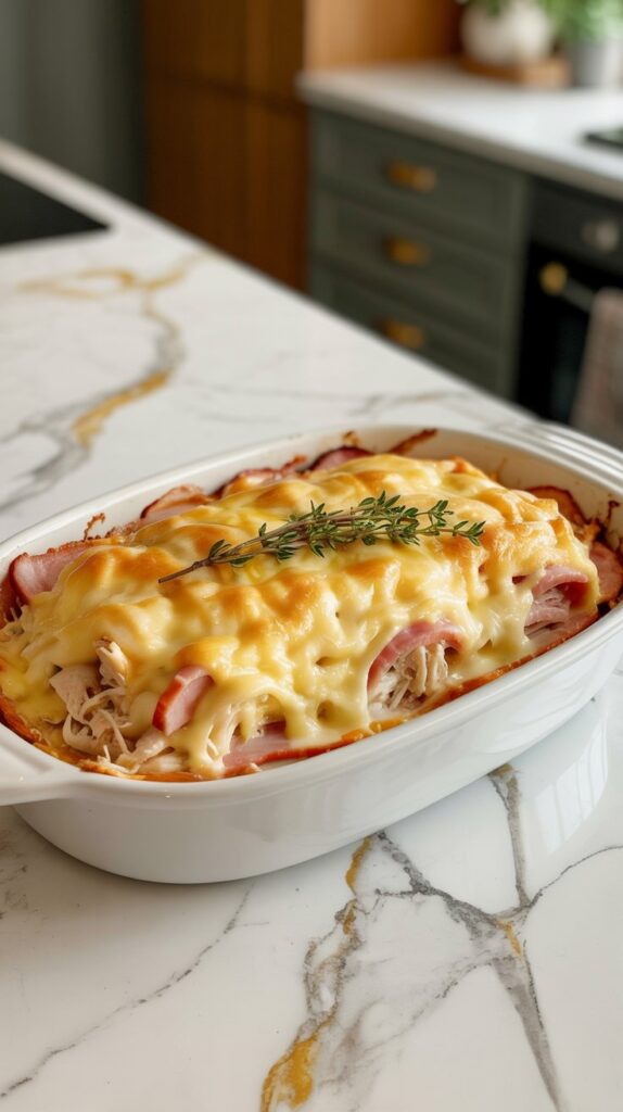 Cross section of chicken casserole showing several layers of thick ham, chicken and cheese melted on top.