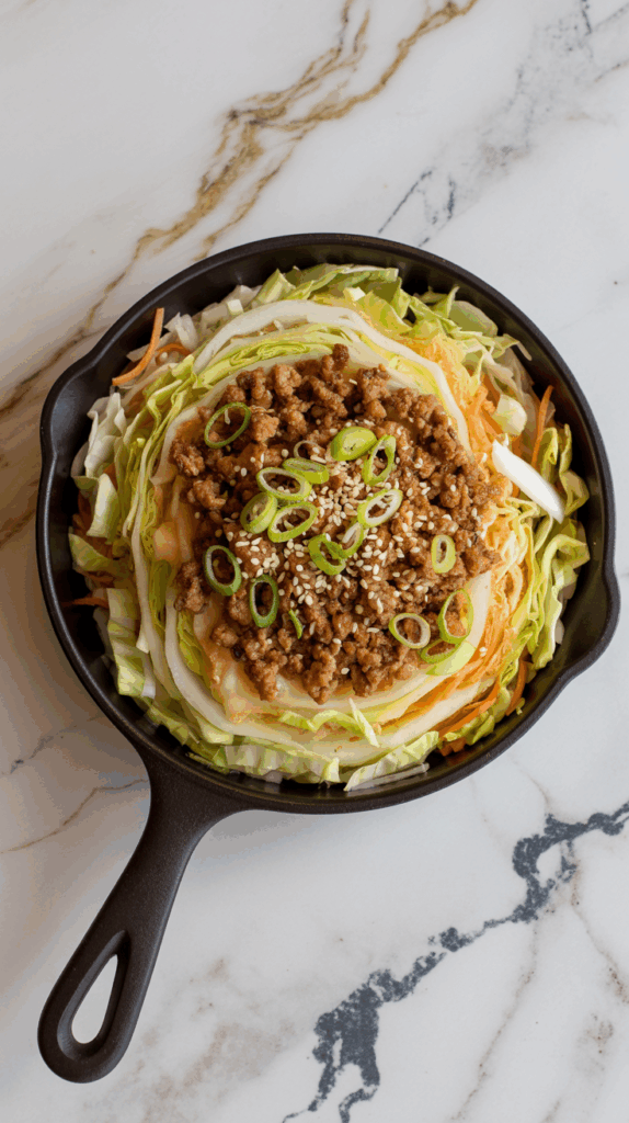 A deconstructed egg roll in a skillet-style bowl with ground pork, sautéed cabbage, and green onions, topped with sesame seeds, on a white countertop with grey and gold veining.