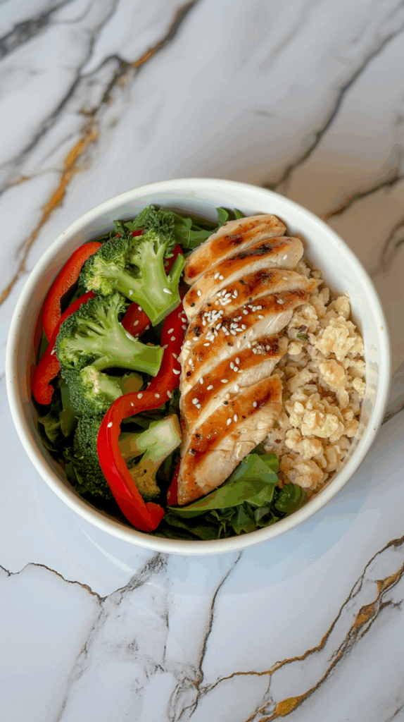 A power bowl with grilled teriyaki chicken, cauliflower rice, broccoli, red bell peppers, and sesame seeds, served in a clean white bowl on a white countertop with grey and gold veining.