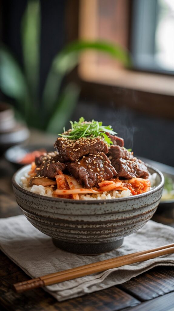 a bowl of rice and topped with carrot slices and beef