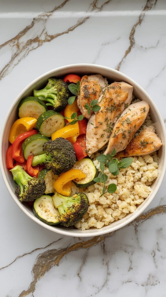 A roasted veggie bowl with lemon-herb chicken thighs, broccoli, zucchini, bell peppers, and cauliflower rice, all arranged in a white bowl on a white countertop with grey and gold veining.