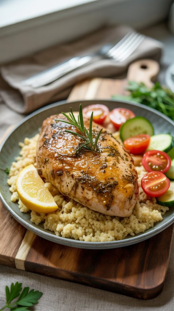 a bowl of rice and chicken breast with tomatoes and cucumbers with a lemon slice and sprig of rosemary