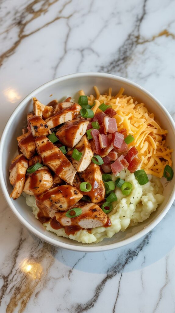 A BBQ chicken bowl with grilled chicken pieces tossed in sugar-free BBQ sauce, cauliflower mash, shredded cheddar, chopped bacon, and green onion, served in a white bowl on a white countertop with grey and gold veining.