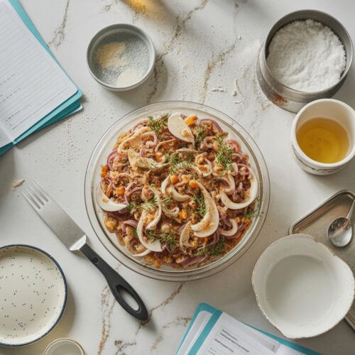 Overloaded counter with too many ingredients, open recipe cards, and scattered utensils. A complex gourmet dish half-prepped with visible signs of overwhelm.