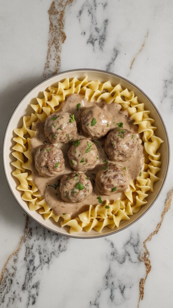 Creamy beef meatballs in mushroom sauce over egg noodles. Garnished with parsley