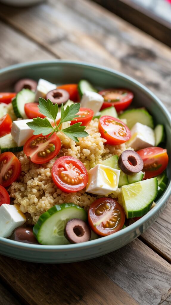 a bowl of couscous and cucumbers, tomatoes, feta cheese and black olives
