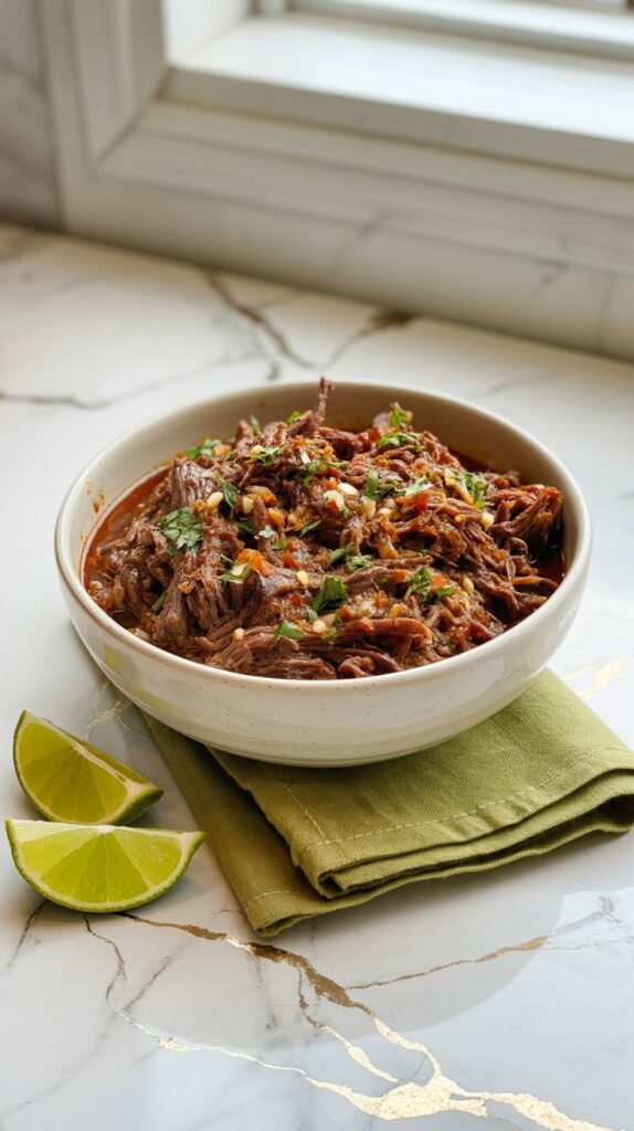 a bowl of shredded Mexican beef barbacoa with limes