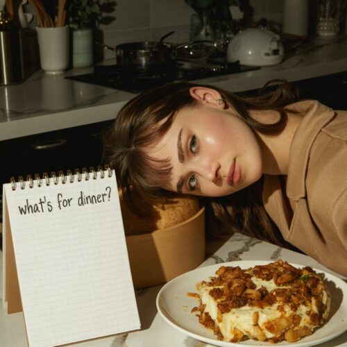 A tired cook resting their head on the counter, surrounded by clean-up mess and a finished but uneaten dinner. A notepad beside them that reads “What’s for dinner?” multiple times
