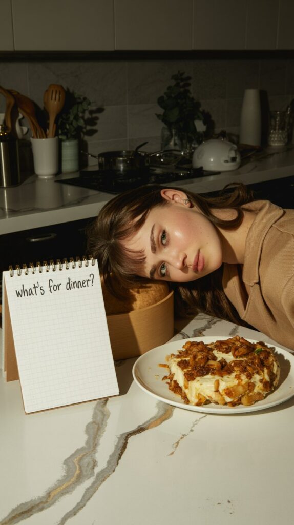 A tired cook resting their head on the counter, surrounded by clean-up mess and a finished but uneaten dinner. A notepad beside them that reads “What’s for dinner?” multiple times