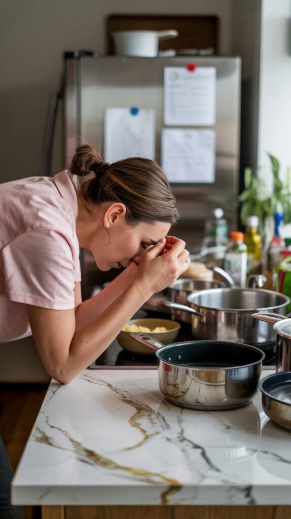 A stressed home cook leaning over a countertop. The counter is cluttered with pots, pans, and cooking utensils,