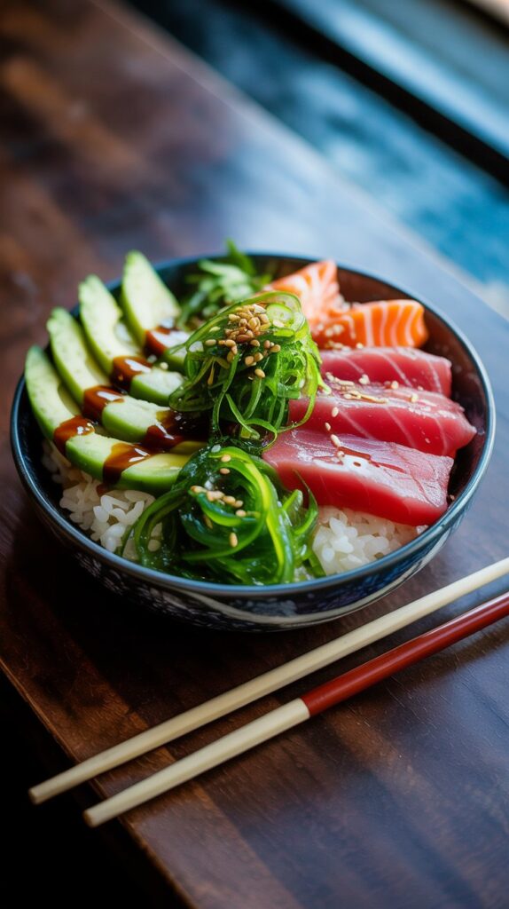 a bowl of rice and tuna with slices of avocado, chopstick are beside the bowl