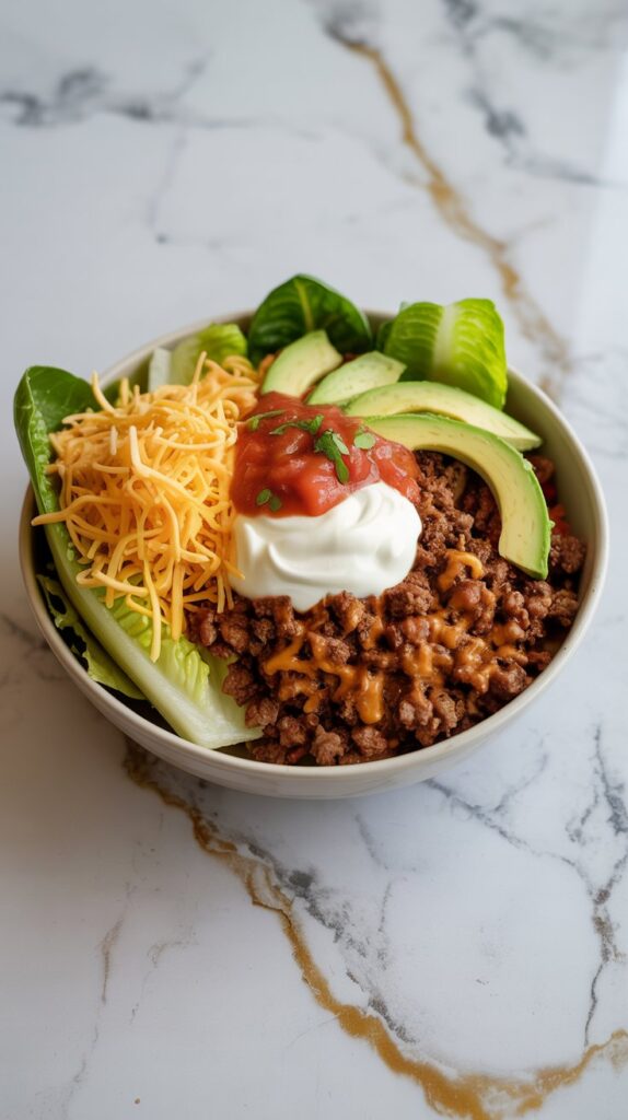 A bowl filled with seasoned ground beef, romaine lettuce, shredded cheddar, avocado chunks, and a dollop of sour cream and salsa.