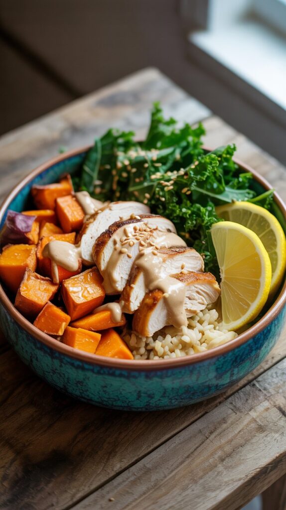 a bow containing diced roasted sweet potatoes, chicken breast, kale, and lemon slices as garnish