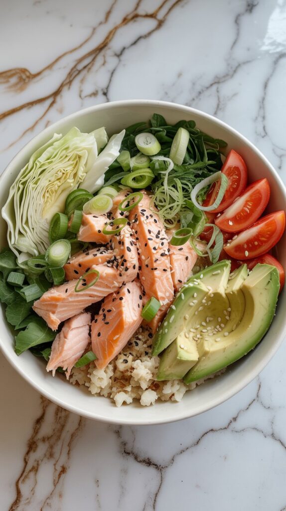 A colorful keto bowl with flaked cooked salmon, cauliflower rice, avocado chunks, shredded cabbage, sliced green onions, and a sprinkle of sesame seeds, served in a white bowl on a white countertop with grey and gold veining.
