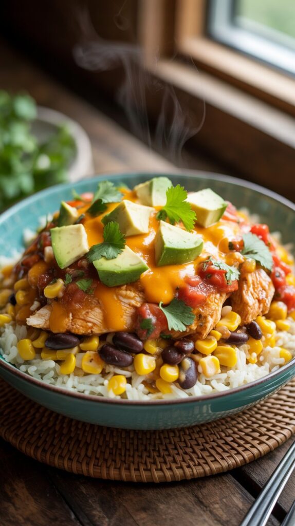 a bowl of rice with corn, black beans, chicken and avocado
