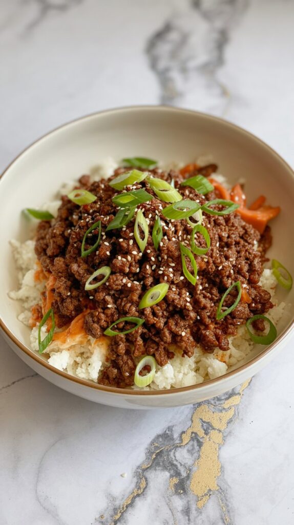 A bowl of ground Korean-style beef over cauliflower rice, topped with sliced green onions and sesame seeds, in a white bowl on a white countertop with grey and gold veining.