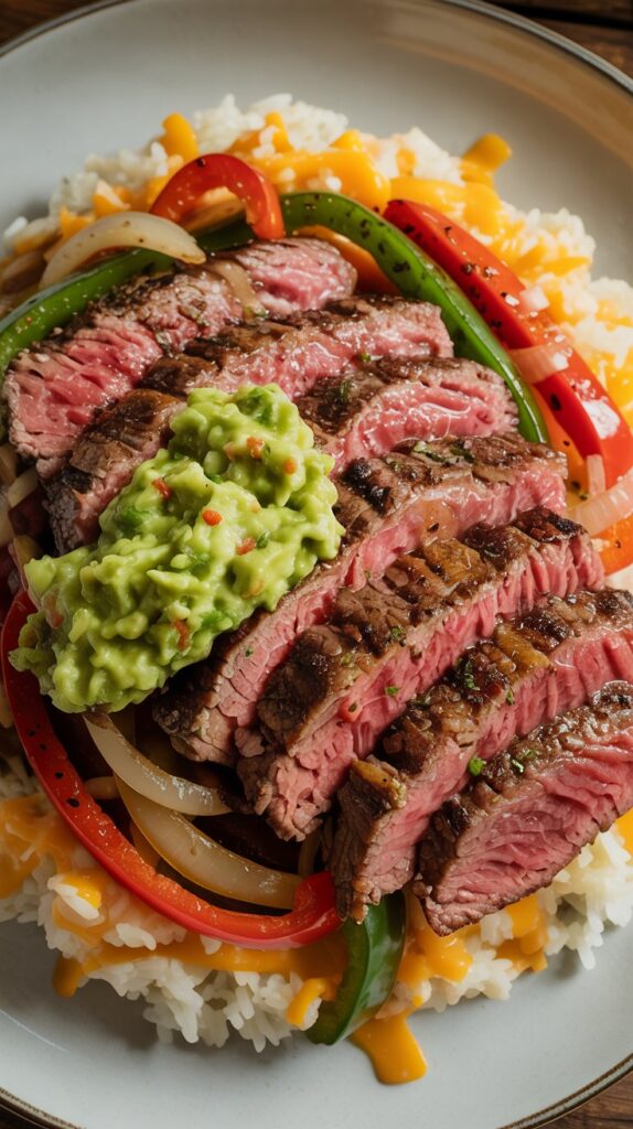 cooked slicked steak atop a bed of rice, vegetables and guacamole