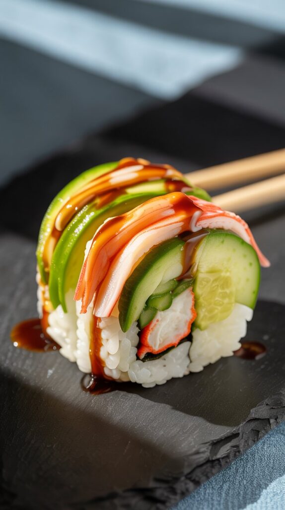 a sushi rol with crab, cucumber and sauce