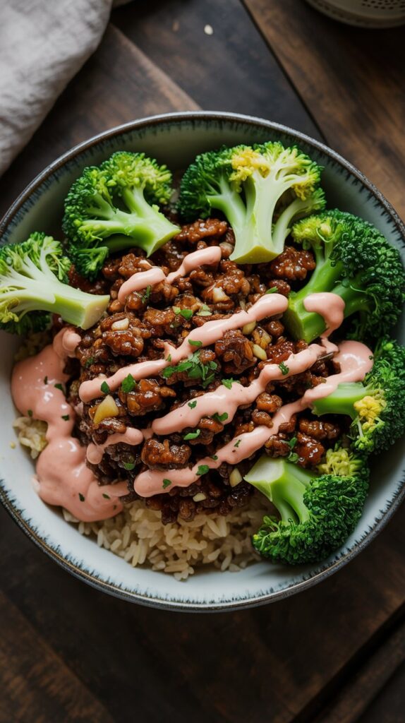 a bowl of rice and ground beef with teriyaki sauce, broccoli and topped with yum yum sauce