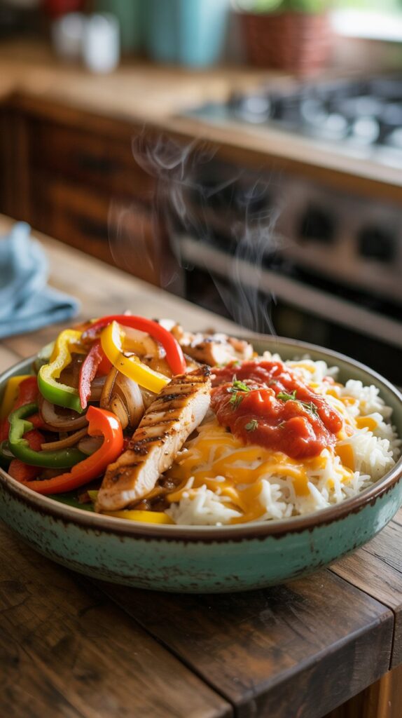 a bowl of rice and steaming roasted peppers, chicken, cheese and sauce