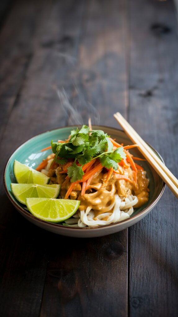 a bowl filled with chinese noodles, peanut sauce,carrots and barnished with lime slices