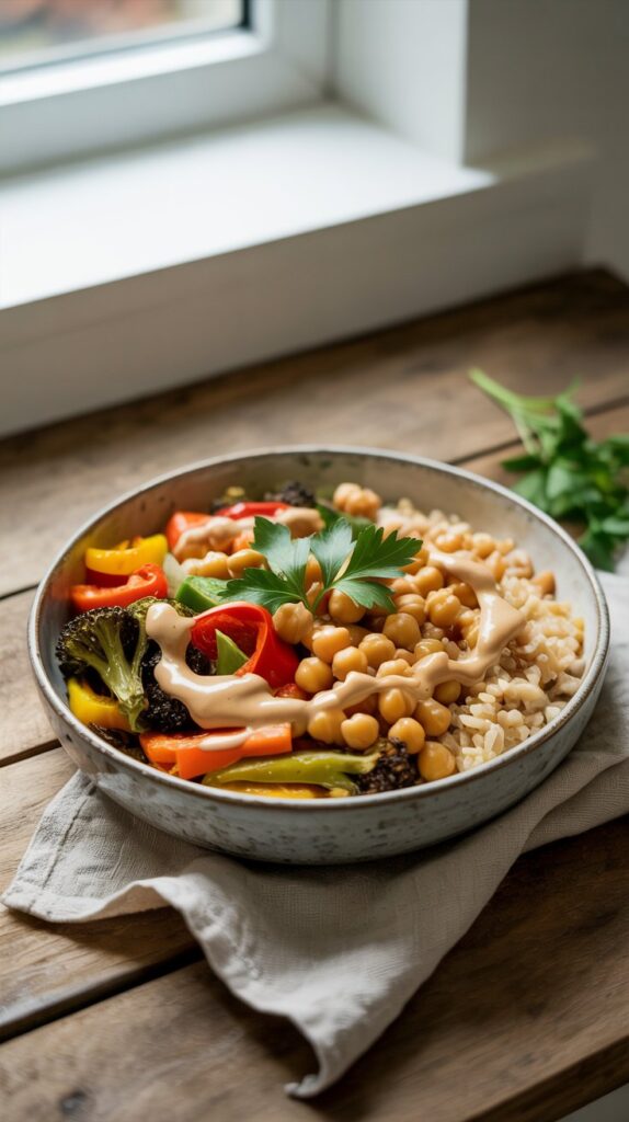 vegetables and sauce on top of rice in a bowl