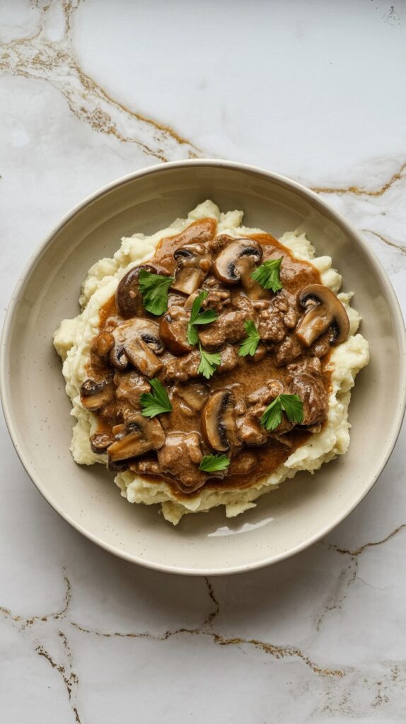 A bowl of Whole30 stroganoff with mushrooms and beef over cauliflower mash. Garnished with parsley.