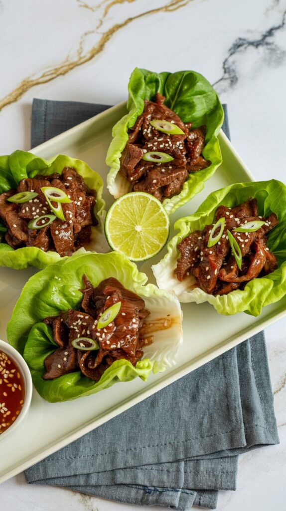 a square plate showcasing 4 lettuce wraps filled with beef bulgogi garnished with a lime and sauce