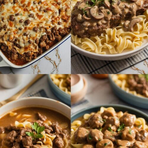 A cozy collage of four beef stroganoff dishes arranged on a white quartz countertop with gray and gold veining. Top left: a cheesy baked ground beef stroganoff casserole in a white ceramic dish. Top right: steak stroganoff over egg noodles with creamy mushroom sauce and parsley garnish. Bottom left: a bowl of beef stroganoff soup with wide noodles and ground beef. Bottom right: meatball stroganoff in creamy sauce over pasta. Warm, natural lighting.