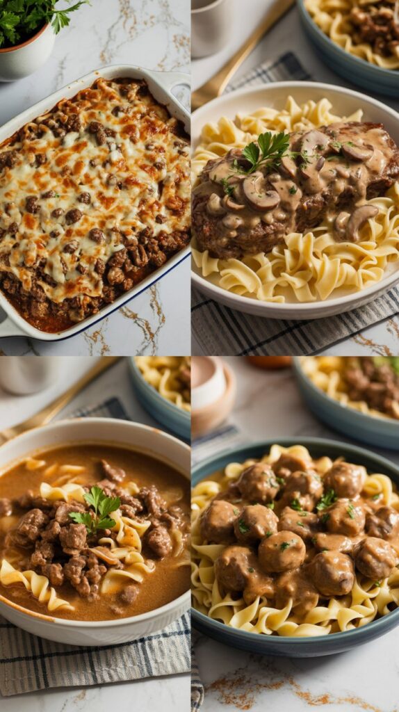 A cozy collage of four beef stroganoff dishes arranged on a white quartz countertop with gray and gold veining. Top left: a cheesy baked ground beef stroganoff casserole in a white ceramic dish. Top right: steak stroganoff over egg noodles with creamy mushroom sauce and parsley garnish. Bottom left: a bowl of beef stroganoff soup with wide noodles and ground beef. Bottom right: meatball stroganoff in creamy sauce over pasta. Warm, natural lighting.
