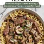 dish of beef stroganoff with sliced mushrooms over pasta noodles text "16 beef stroganoff recipes"