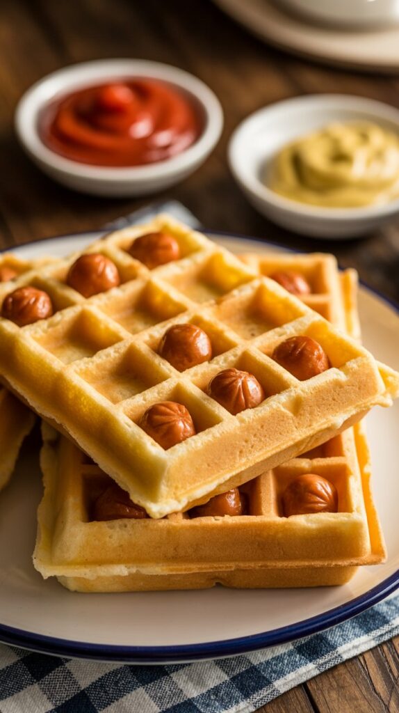 A plate showcasing Chicken Dog Waffles where each waffle features pieces of chicken hot dogs encased within the golden-brown, crispy cornmeal waffles