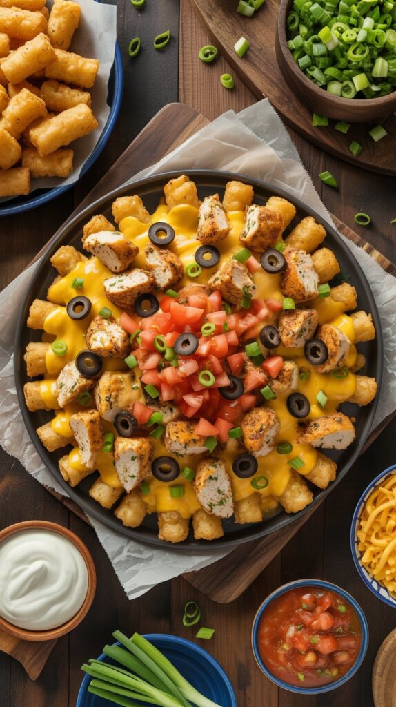 Tator tots on a platter topped with melted cheese, chicken and garnished with tomatoes