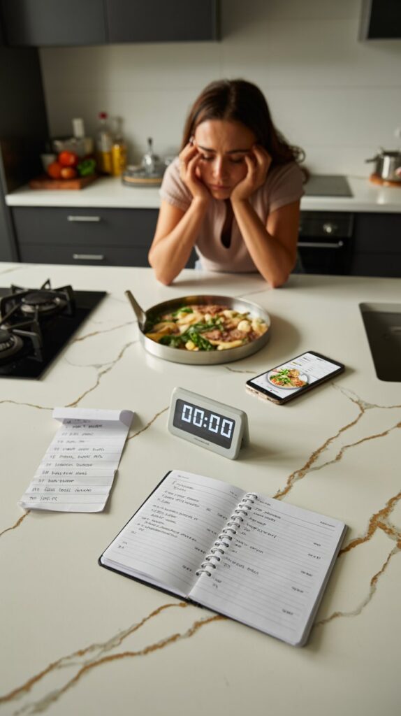 A busy modern kitchen with a white quartz countertop featuring gray and gold veining. On the counter: a crumpled grocery list, an open planner with crossed-out dinner ideas, a digital timer reading 00:00, and a half-prepped meal next to a phone displaying a recipe. In the background, a tired home cook rests their hands on the counter while looking overwhelmed.
