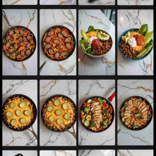 a collage of several different keto meals for beginners