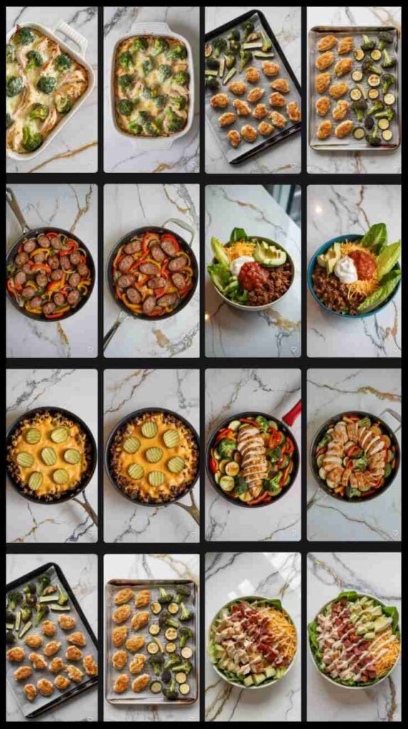 a collage of several different keto meals for beginners