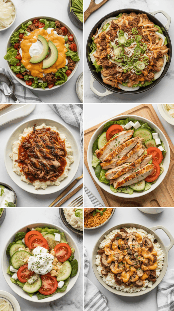 a top-down collage of 6 different keto bowl recipes