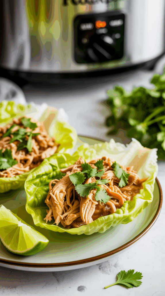 shredded chicken with salsa verde sauce inside lettuce leaves and garnished with cilantro