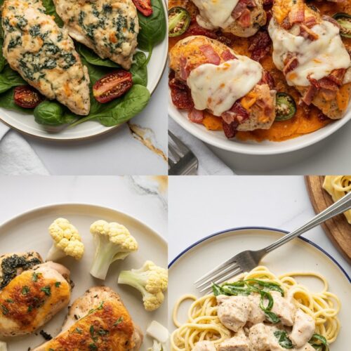Collage image of four low carb chicken dinners, including creamy Tuscan garlic chicken, jalapeño popper chicken, baked chicken thighs with cauliflower, and chicken Alfredo with zucchini noodles. All meals are served on white plates with a clean white countertop background, styled in a bright, modern setting.