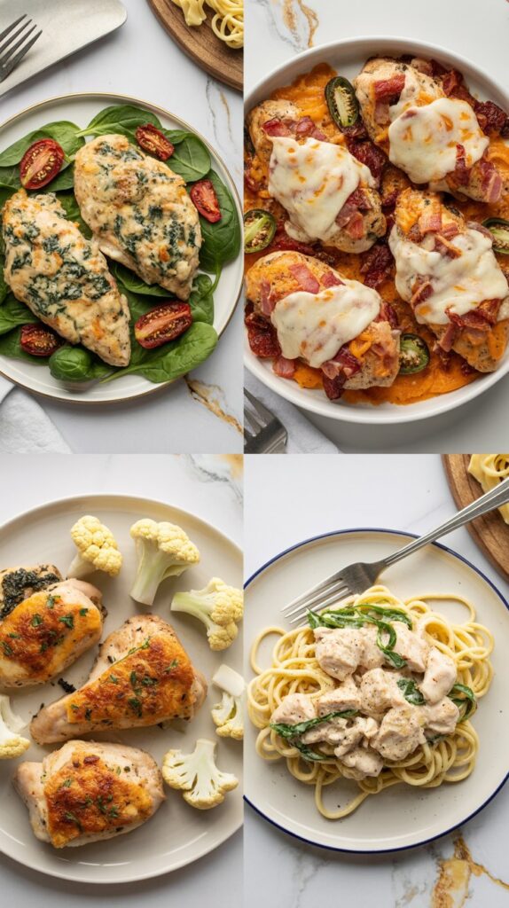 Collage image of four low carb chicken dinners, including creamy Tuscan garlic chicken, jalapeño popper chicken, baked chicken thighs with cauliflower, and chicken Alfredo with zucchini noodles. All meals are served on white plates with a clean white countertop background, styled in a bright, modern setting.
