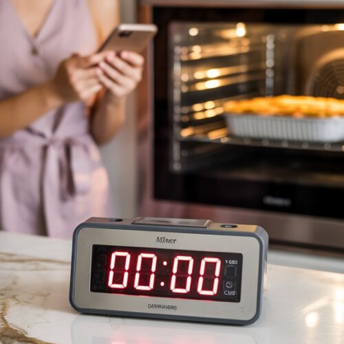 A digital timer blinking overdue, with an undercooked meal still in the oven. Nearby, a confused cook looking at a recipe on a phone.